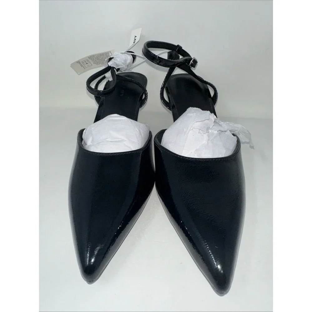New Black‎ Patent Leather Pointed Ankle Strap Kitten Heels Pumps Size 7 1/2